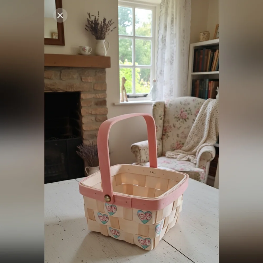 New Cottagecore Longaberger Style Basket With Hearts And Roses